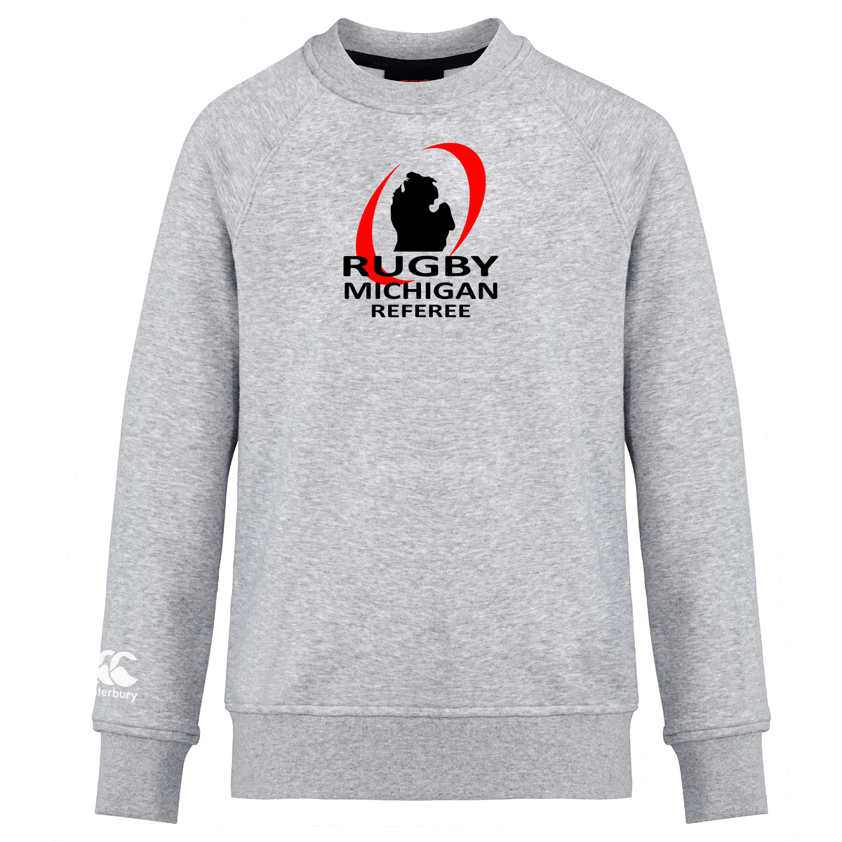 The Rugby Michigan Referee Society Club Crew Sweatshirt by WRS Canterbury is an ultra-soft gray garment showcasing a "Rugby Michigan Referee" text and silhouette logo on the chest, complemented by an embroidered CCC logo.