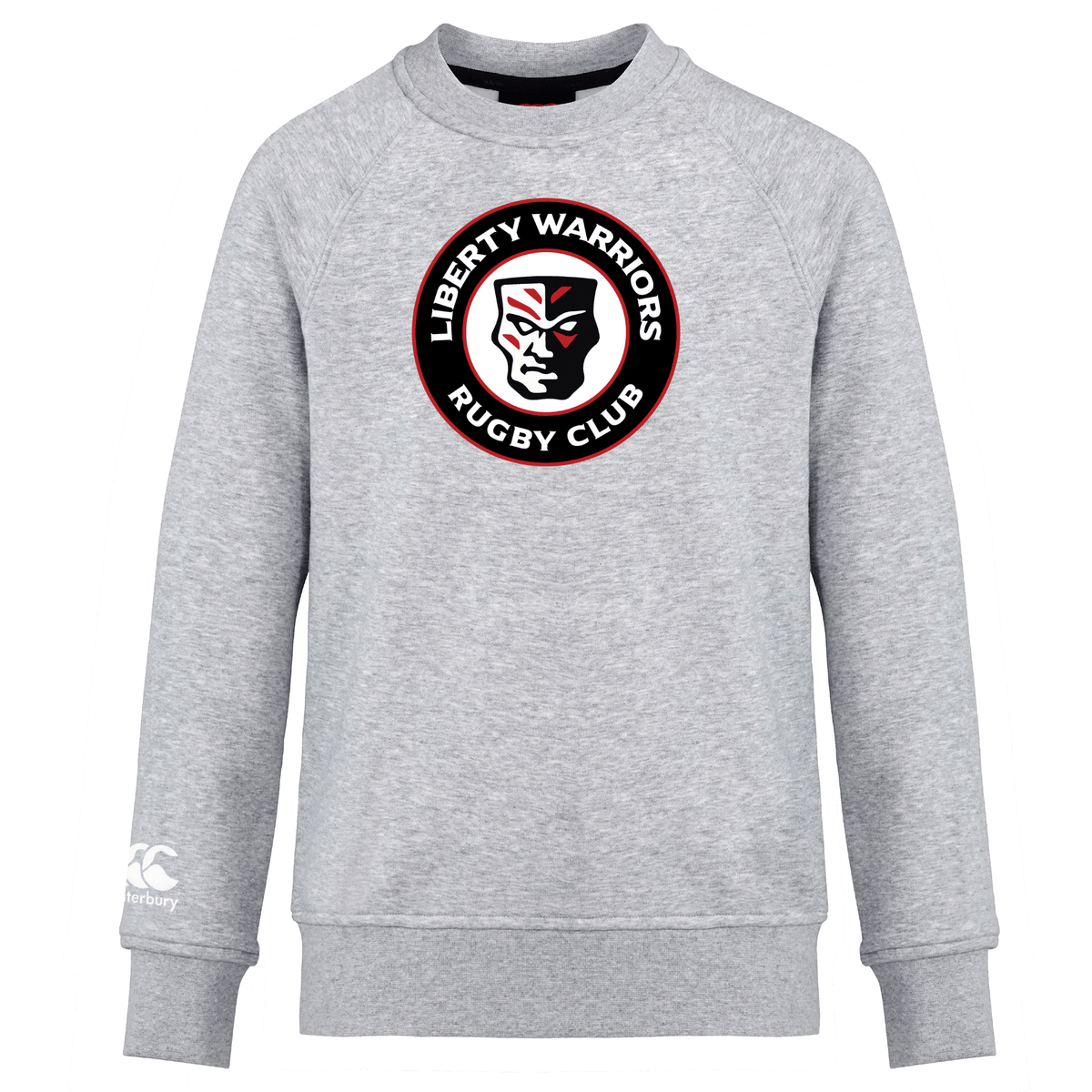 The Liberty Lake Warriors Club Crew Sweatshirt by WRS Canterbury features a "Liberty Warriors Rugby Club" logo with a stylized warrior face on the front and is complemented by an embroidered CCC logo.
