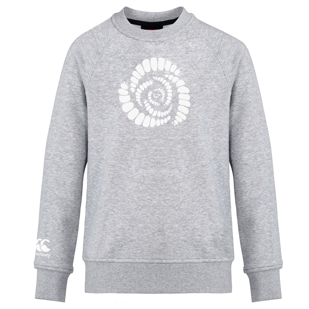 Light grey Missoula All-Maggots Club Crew Sweatshirt by Canterbury featuring a white spiral shell graphic on the chest and a small white WRS Canterbury logo on the left sleeve. This ultra-soft sweatshirt combines comfort and style, making it perfect for everyday wear.