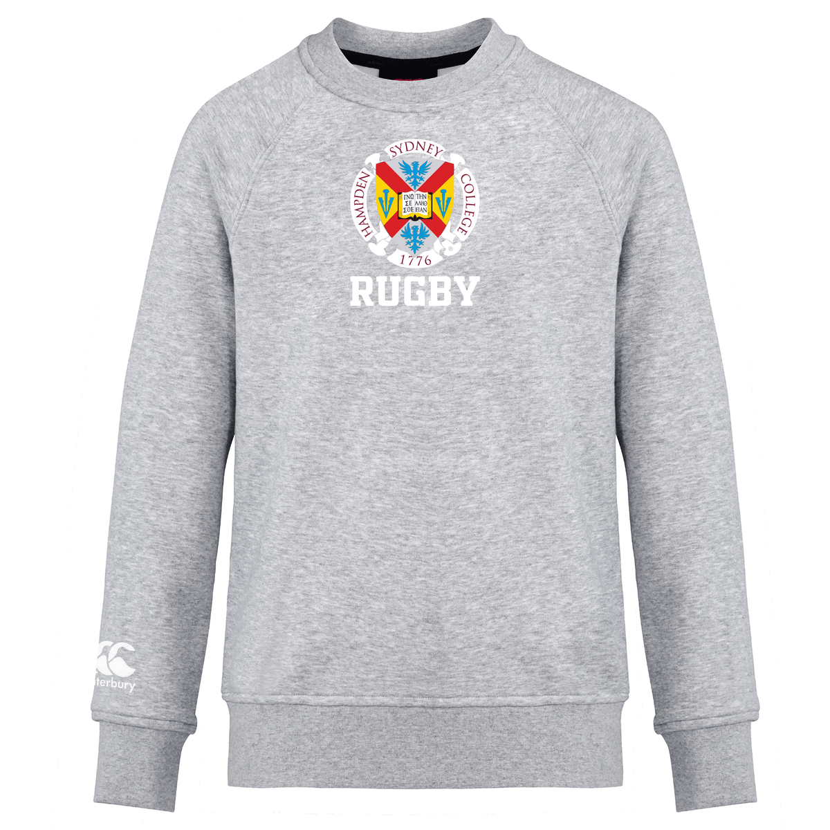 The Hampden-Sydney College Club Crew Sweatshirt by WRS Canterbury is a gray sweatshirt adorned with a vibrant Hampden-Sydney College crest and the word "RUGBY" printed on the front. It features an embroidered CCC logo on the lower sleeve, effortlessly combining style and comfort with its ultra-soft fabric.