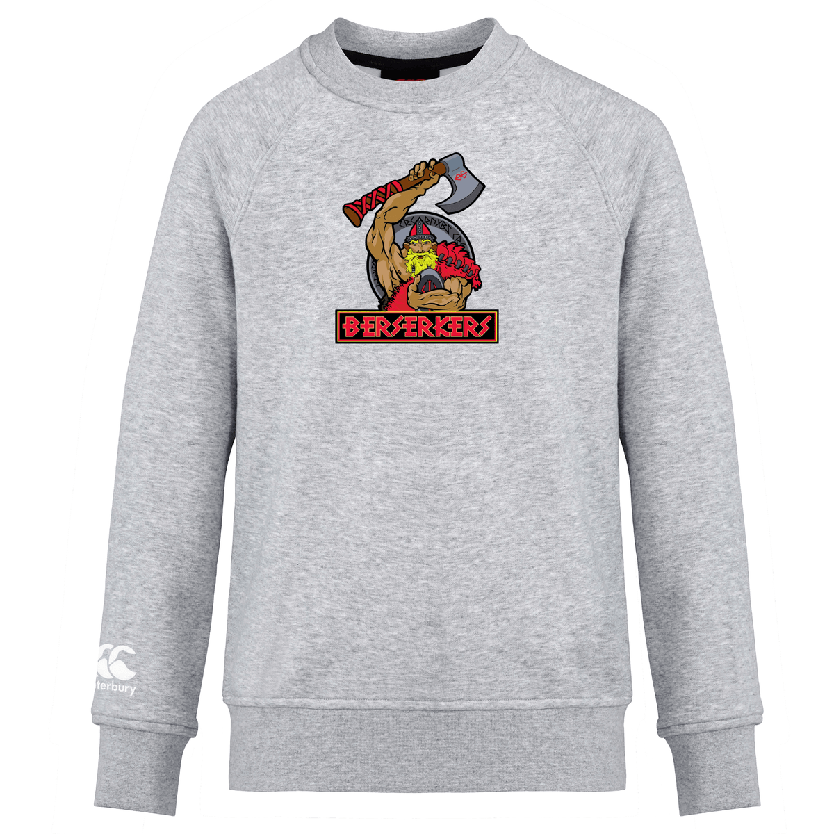 A Berserkers Club Crew Sweatshirt by Canterbury featuring an illustration of a muscular figure holding an axe with the word "BERSERKERS" written below. The WRS Canterbury logo is visible on the left sleeve, perfect for any Club Crew member looking to stand out.