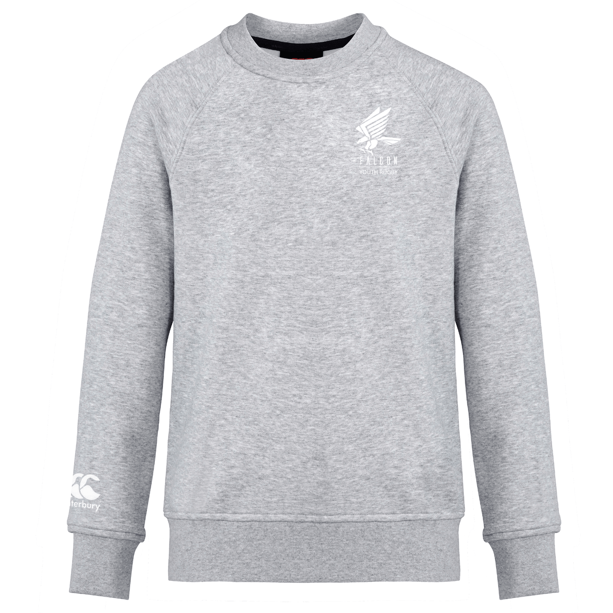 This ultra-soft, gray Canterbury Club Crew Sweatshirt from EMB Canterbury features a white eagle emblem and text on the chest, plus a small embroidered CCC logo on the left sleeve. It seamlessly blends comfort and style, making it perfect for casual outings.