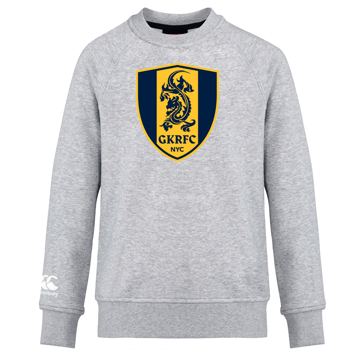 Introducing the Gotham Knights Club Crew Sweatshirt by Canterbury from WRS Canterbury, a gray, ultra-soft sweatshirt featuring a gold and blue shield with a lion and the text "GKRFC NYC" on the front. The sleeve displays a small white logo that reads "Canterbury.