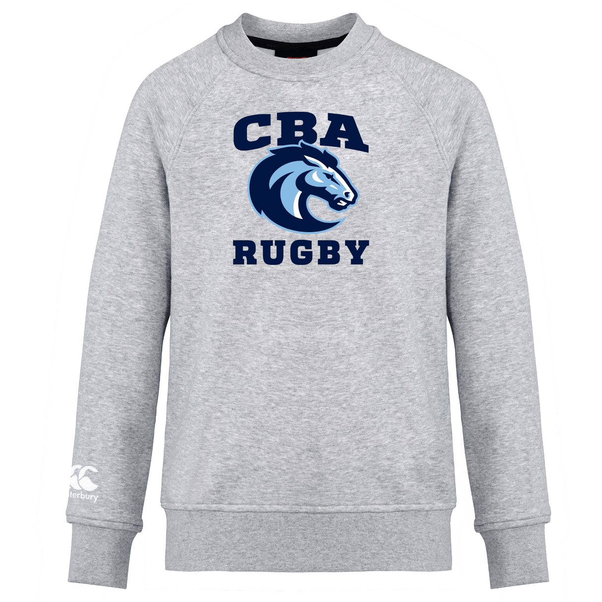 The Christian Brothers Academy Rugby Club Crew Sweatshirt by WRS Canterbury showcases "CBA Rugby" and a stylized horse logo on the front, with the CCC logo elegantly embroidered.