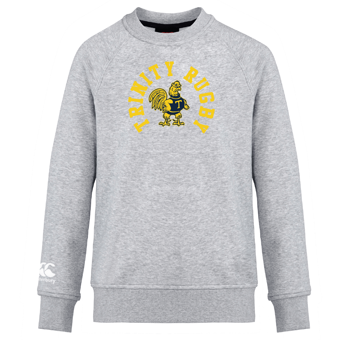 The Trinity College Club Crew Sweatshirt by WRS Canterbury is an ultra-soft gray sweatshirt featuring a yellow and blue "Trinity Rugby" logo with a central rooster illustration. It also includes an embroidered CCC logo, offering both comfort and style for rugby enthusiasts.