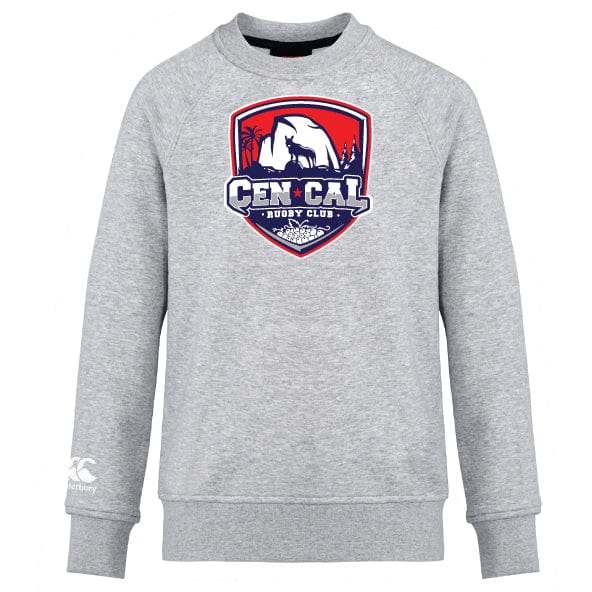 The CenCal Rugby Club Crew Sweatshirt by WRS Canterbury is an ultra soft gray sweatshirt featuring a vibrant red and blue "Cen Cal Rugby Club" bear, trees, and mountains design plus an embroidered CCC logo on the front.
