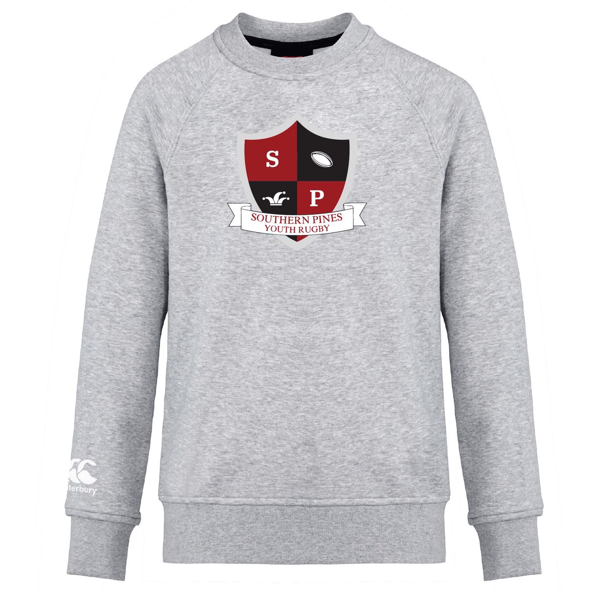 Discover the ultra-soft Southern Pines Youth Rugby Club Crew Sweatshirt by WRS Canterbury, featuring a gray design with an embroidered CCC logo and a red and black shield insignia boasting "SP" and "Southern Pines Youth Rugby" text for unmatched comfort and spirited style.