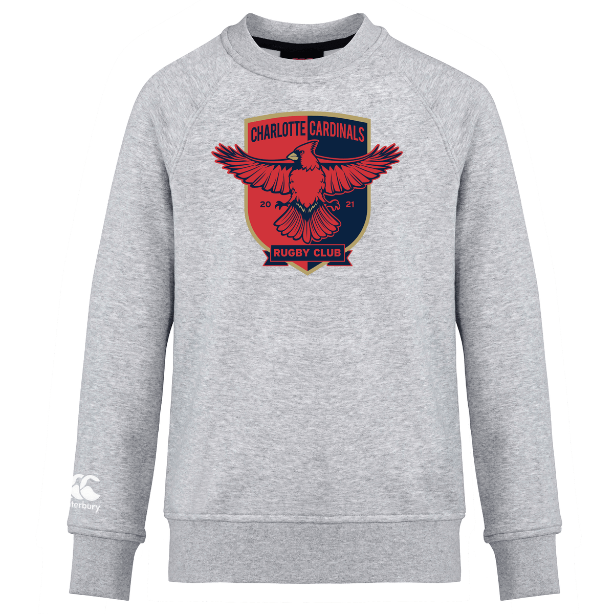 A grey Charlotte Cardinals Rugby Club Club crew sweatshirt with a graphic of a red bird displayed on the front by WRS Canterbury.