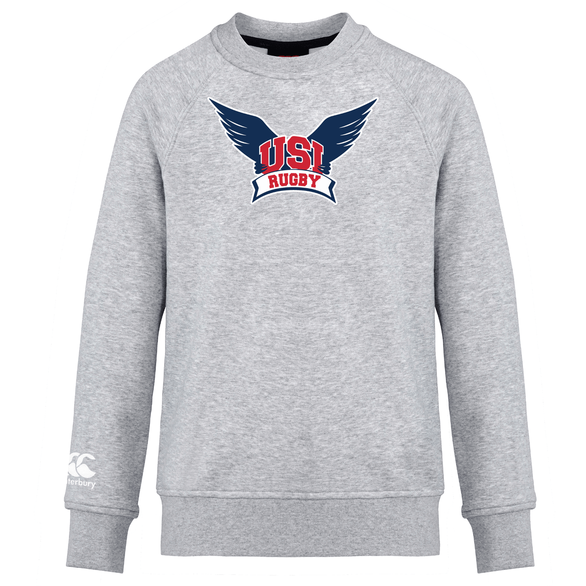 The University of Southern Indiana Club Crew Sweatshirt by Canterbury, designed in ultra-soft gray, showcases a "U.S.A. Rugby" logo adorned with wings in red and blue on the front and includes the embroidered CCC logo, reflecting the signature WRS Canterbury style.