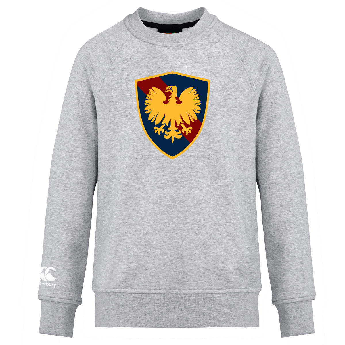 A gray long-sleeved Cincinnati Classical Academy Club crew sweatshirt by WRS Canterbury featuring a colorful shield emblem with an eagle design on the front.