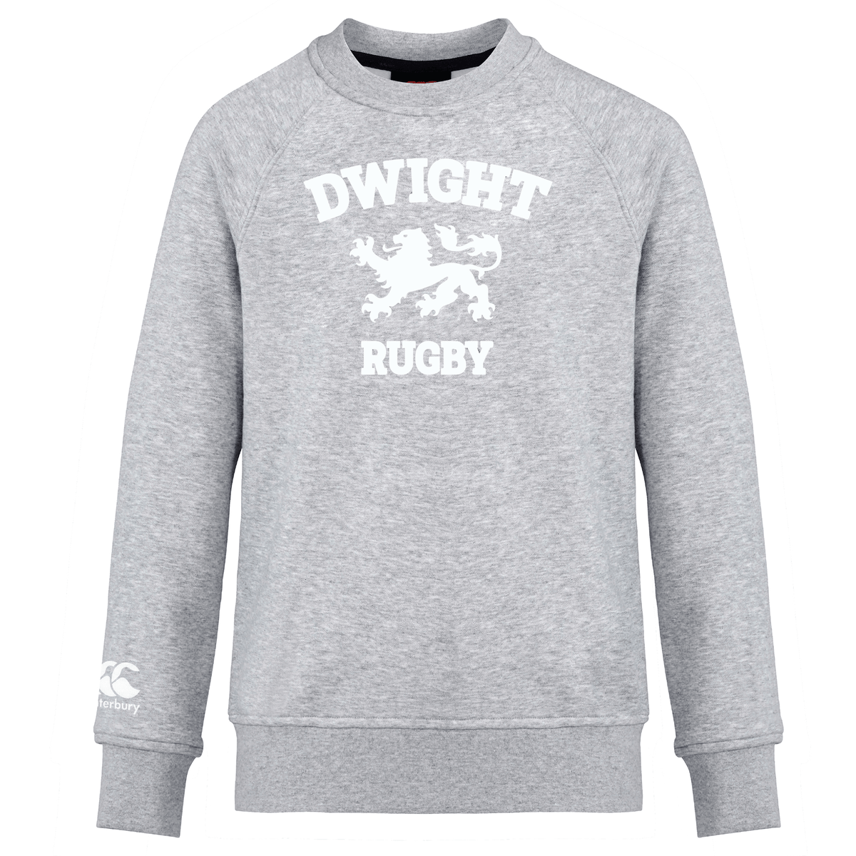 A gray Dwight Rugby White Logo Club Crew Sweatshirt by Canterbury featuring the text "Dwight Rugby" and a lion graphic in white across the chest, with a WRS Canterbury logo on the left sleeve.