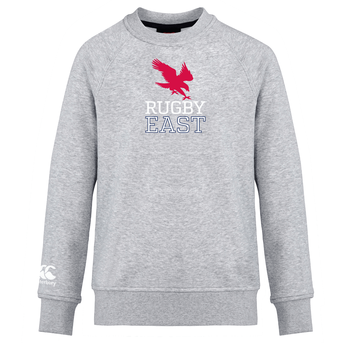 A Rugby East Conference Club Crew Sweatshirt by Canterbury featuring a red bird above the text "RUGBY EAST" on the front. The WRS Canterbury logo is stylishly visible on the left sleeve, making this an ideal addition for any Canterbury Club fan.