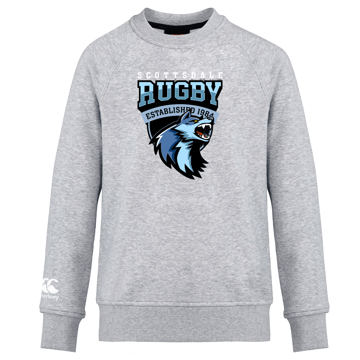 Gray ultra-soft Scottsdale Rugby Club Crew Sweatshirt by WRS Canterbury featuring "Scottsdale Rugby Established 1984" and an embroidered wolf logo.