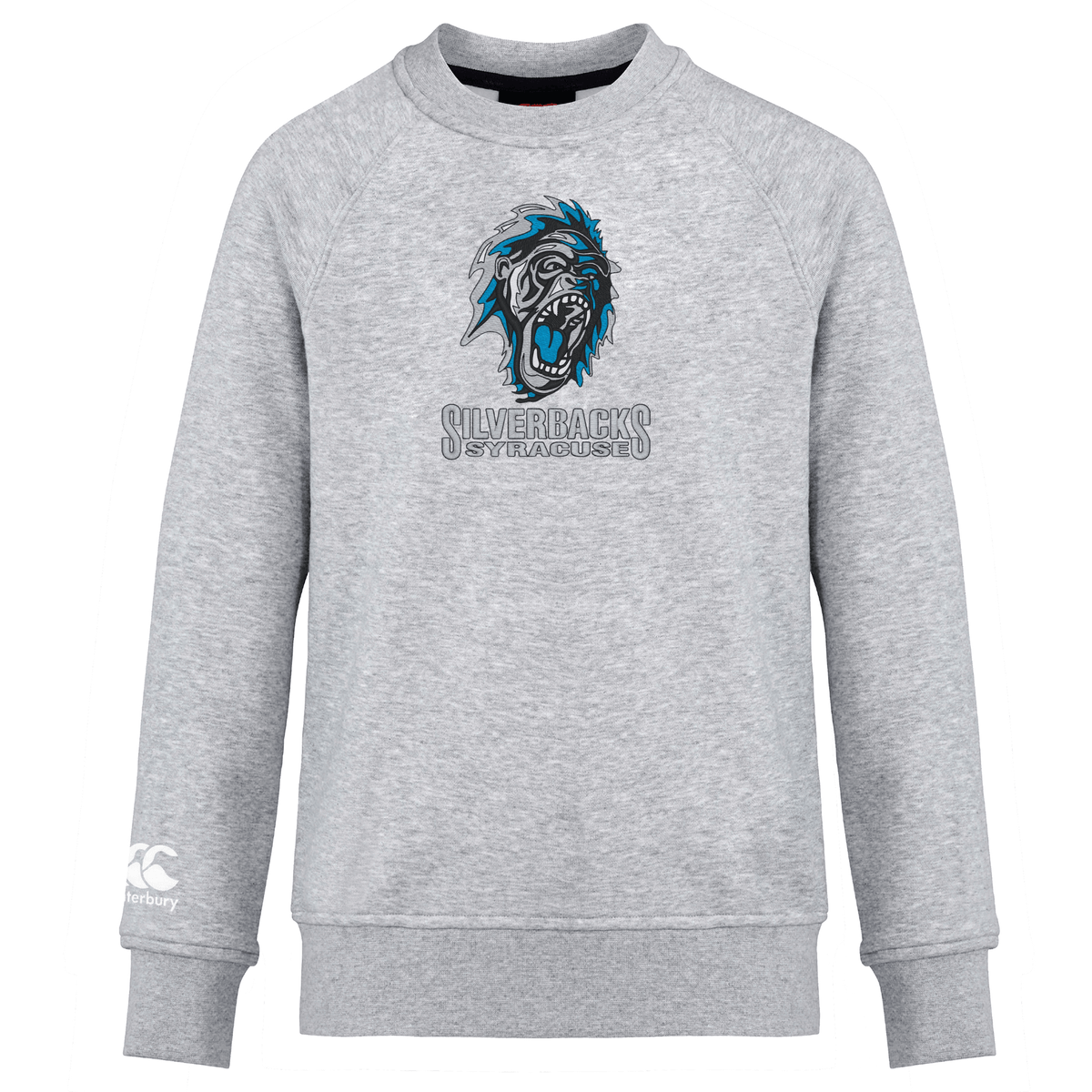 A Syracuse Silverbacks Club Crew Sweatshirt by Canterbury featuring a fierce gorilla face graphic and the text "Silverbacks Styra Museet" in blue and gray. The right sleeve sports a small white WRS Canterbury logo near the cuff, perfect for showcasing club pride.
