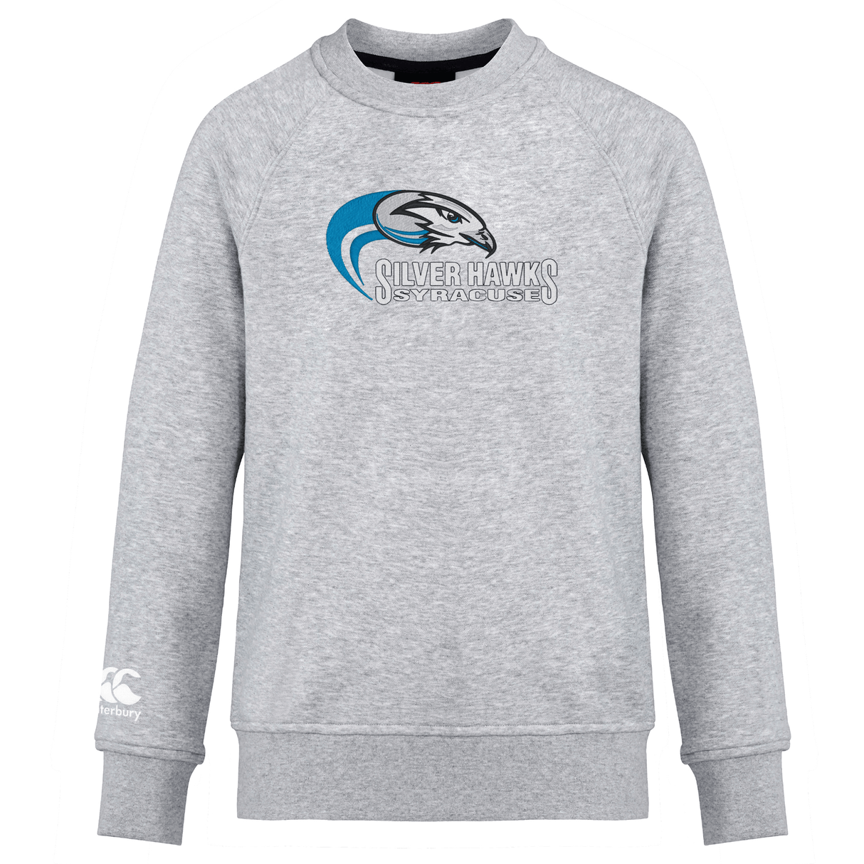 Syracuse Silver Hawks Club Crew Sweatshirt by WRS Canterbury, featuring a hawk head and a blue swoosh.