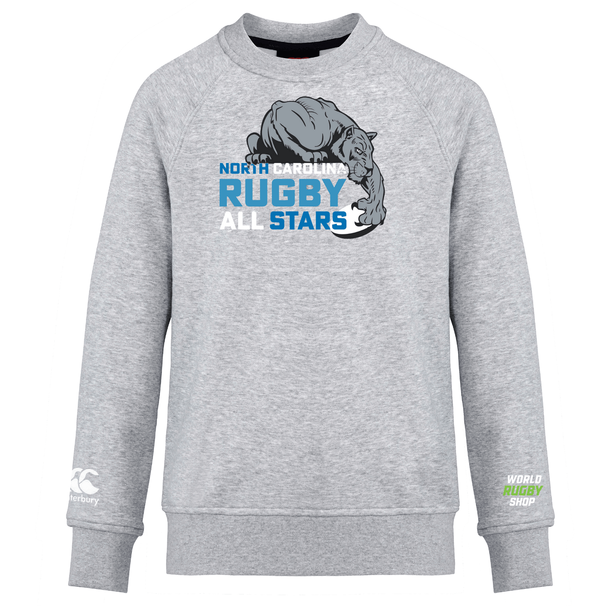 Gray crew sweatshirt featuring "North Carolina Rugby All Stars" text with a stylized panther image. Includes Canterbury and World Rugby Shop logos on the sleeves, perfect for showing off your club pride. Introducing the NC All Stars Club Crew Sweatshirt by Canterbury, exclusively from WRS Canterbury.