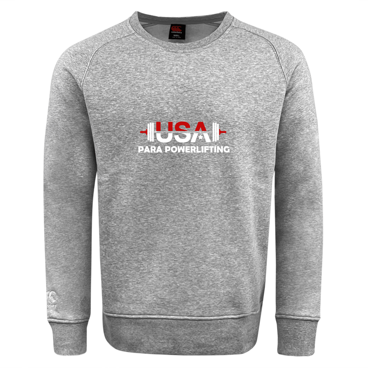 The USA Para Powerlifting Club Crew Sweatshirt by WRS Canterbury is an ultra soft gray crew with "USA PARA POWERLIFTING," a red and white barbell graphic, and an embroidered CCC logo on the front.