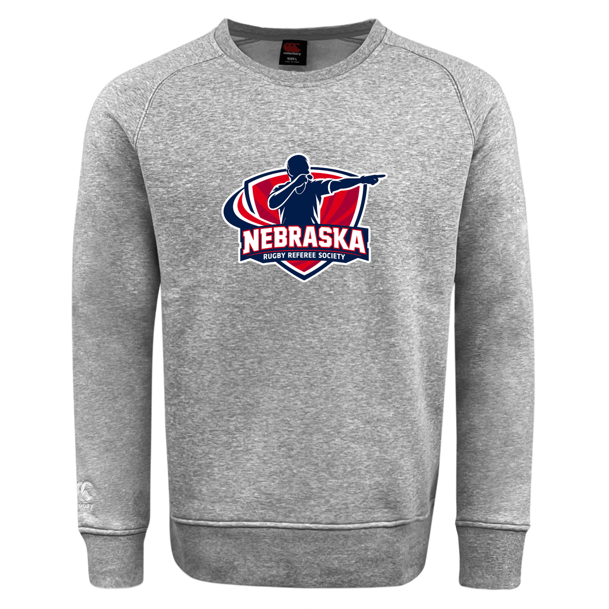 The Nebraska Rugby Referee Society Club Crew Sweatshirt by Canterbury features a referee silhouette and logo with red, white, and blue accents, plus an embroidered CCC logo for premium comfort from WRS Canterbury.