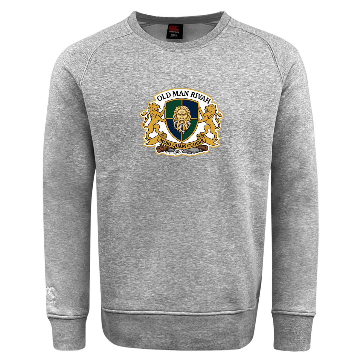 The WRS Canterbury Old Man Rivah Rugby Club Crew Sweatshirt features a lion crest with "Old Man Rivah" and "For Our Glory" on the front plus an embroidered CCC logo. Ultra-soft for everyday comfort.