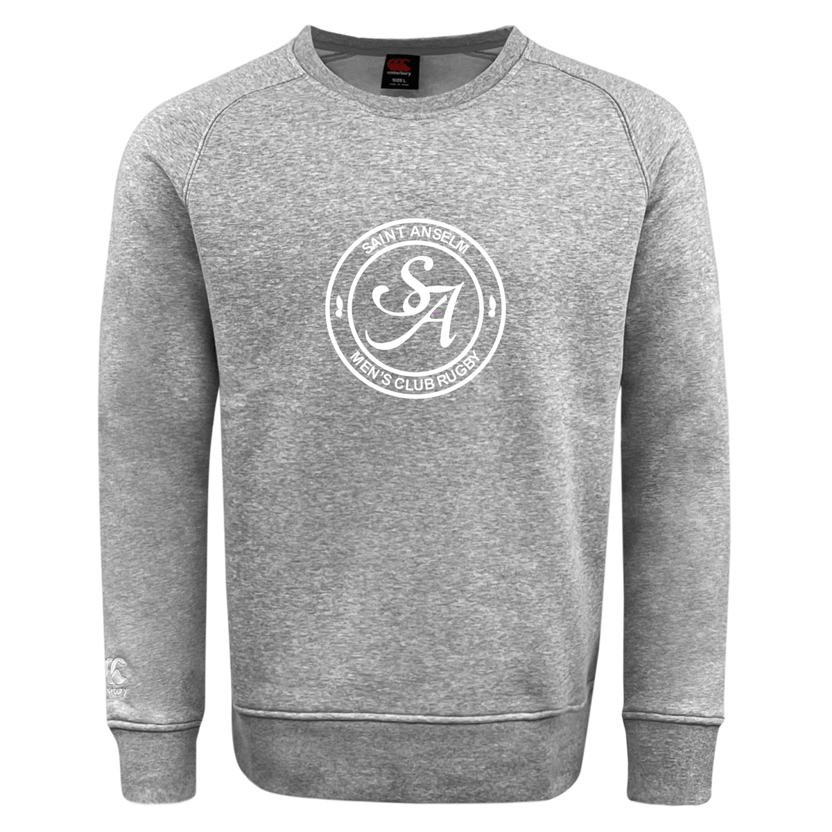 The Saint Anselm College Club Rugby Club Crew Sweatshirt by WRS Canterbury features "SA Saint Anselm Men's Club Rugby" and a white circular logo on the chest, plus an embroidered CCC logo. Ultra soft for comfort and classic rugby style.