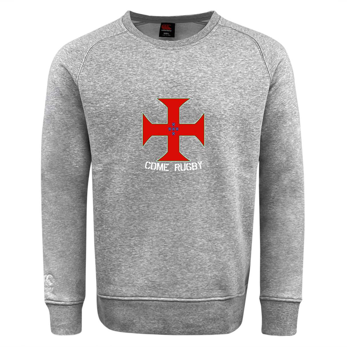 Introducing the SF CDME Rugby Club Crew Sweatshirt by WRS Canterbury—a gray, ultra-soft sweatshirt showcasing a bold red cross design on the front, with "COME RUGBY" printed just below it. Finished with an embroidered CCC logo, this piece combines classic rugby heritage style and ultimate comfort.