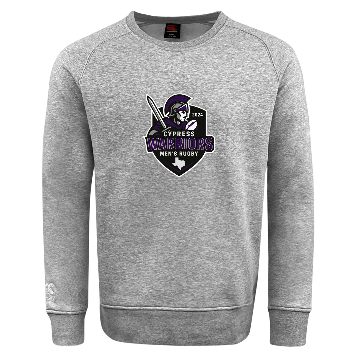 The Cypress Warriors Men's Rugby Club Crew Sweatshirt by WRS Canterbury features a 2024 Spartan helmet, sword, and shield logo on the front. Ultra-soft with an embroidered CCC logo for stylish comfort.