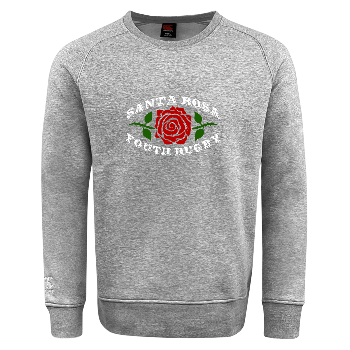 Santa Rosa Youth Rugby Club Crew Sweatshirt by WRS Canterbury in gray ultra soft fabric, featuring “Santa Rosa Youth Rugby” and a red rose graphic printed on the front, along with an embroidered CCC logo for signature classic Canterbury style.