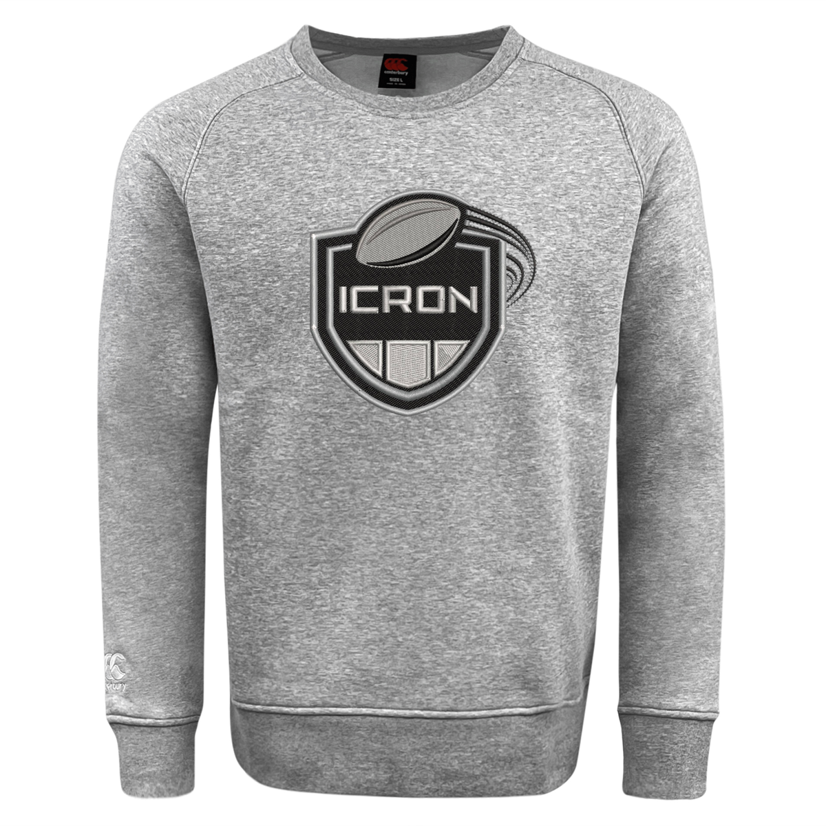 Grey ICRON Club Crew Sweatshirt by Canterbury featuring a black and white shield emblem with a rugby ball and the text “ICRON” on the chest.