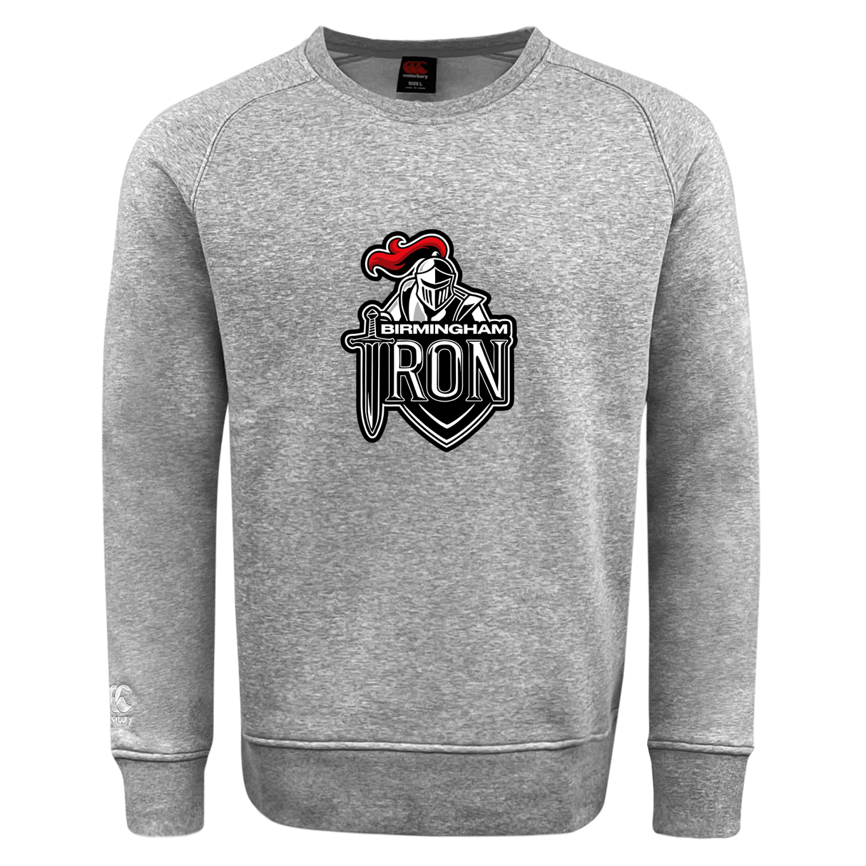 The Birmingham Iron Women's Football Club Crew Sweatshirt by WRS Canterbury is an ultra soft gray sweatshirt featuring a stylized knight, sword, and helmet logo embroidered on the front center.