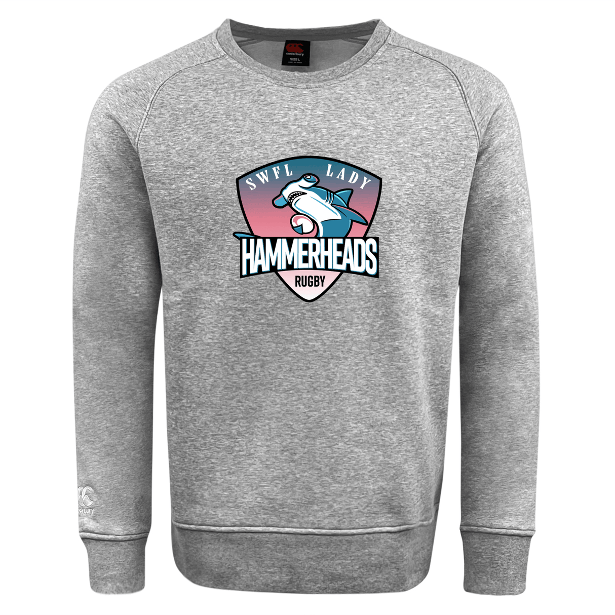 The SWFL Lady Hammerheads Club Crew Sweatshirt by WRS Canterbury features a stylized hammerhead shark logo on gray ultra-soft fabric, plus an embroidered CCC logo—combining comfort and style for rugby fans.