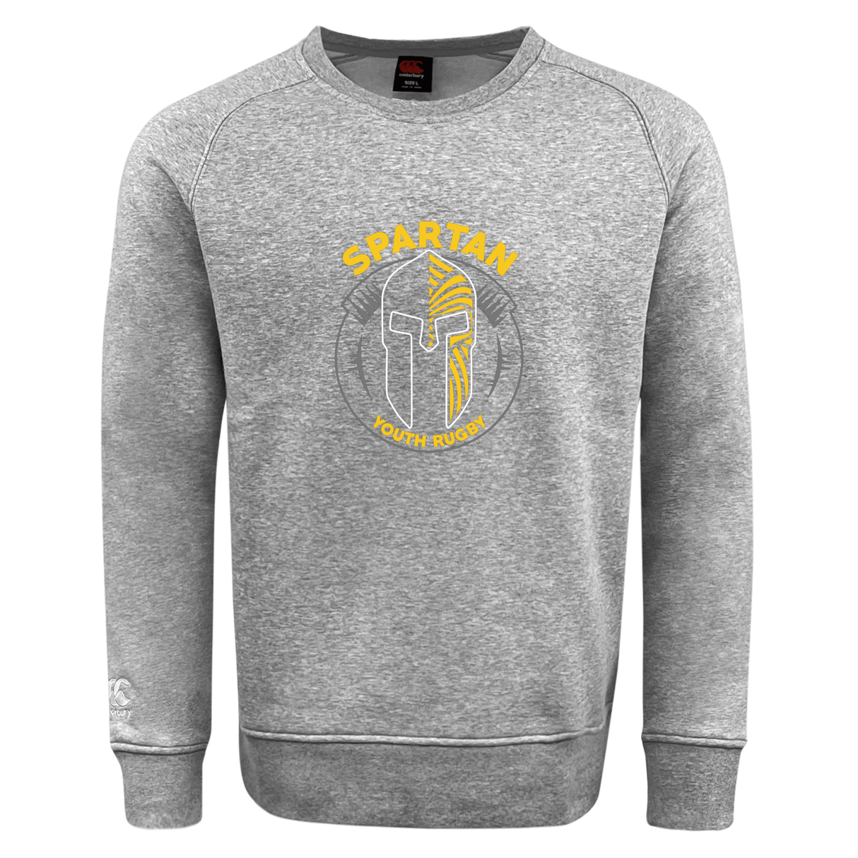The Spartan Youth Rugby Club Crew Sweatshirt by WRS Canterbury features a yellow and white Spartan helmet and "SPARTAN YOUTH RUGBY" on the front, plus an embroidered CCC logo.
