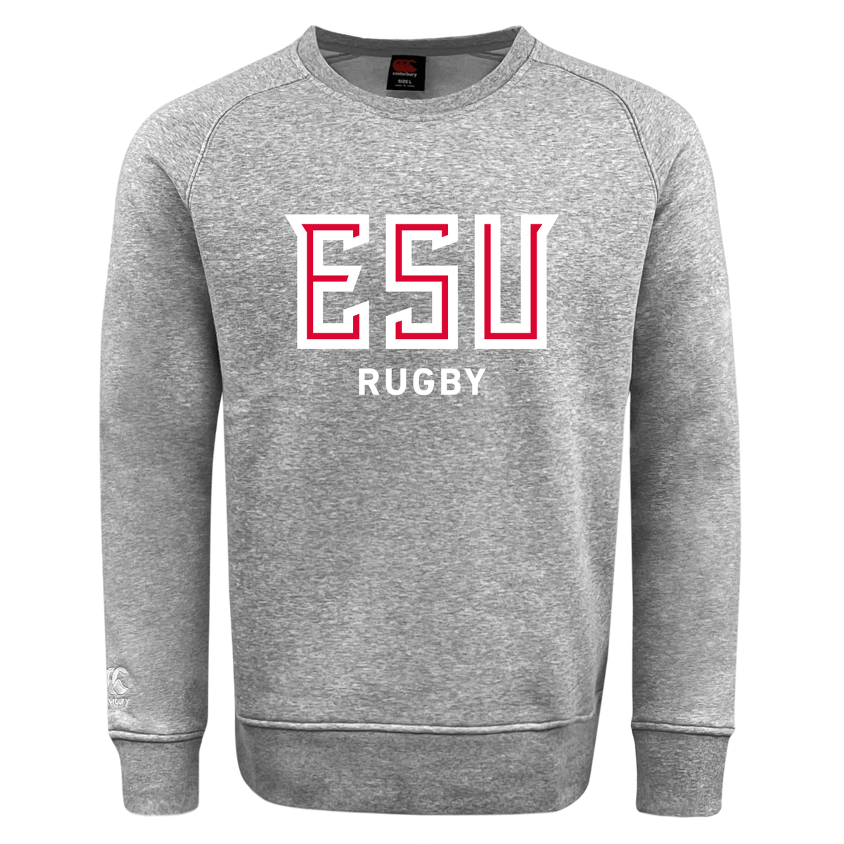 The East Stroudsburg University Club Crew Sweatshirt by WRS Canterbury is a gray, ultra-soft sweatshirt featuring "ESU RUGBY" in red and white block letters on the front—ideal for both comfort and style.