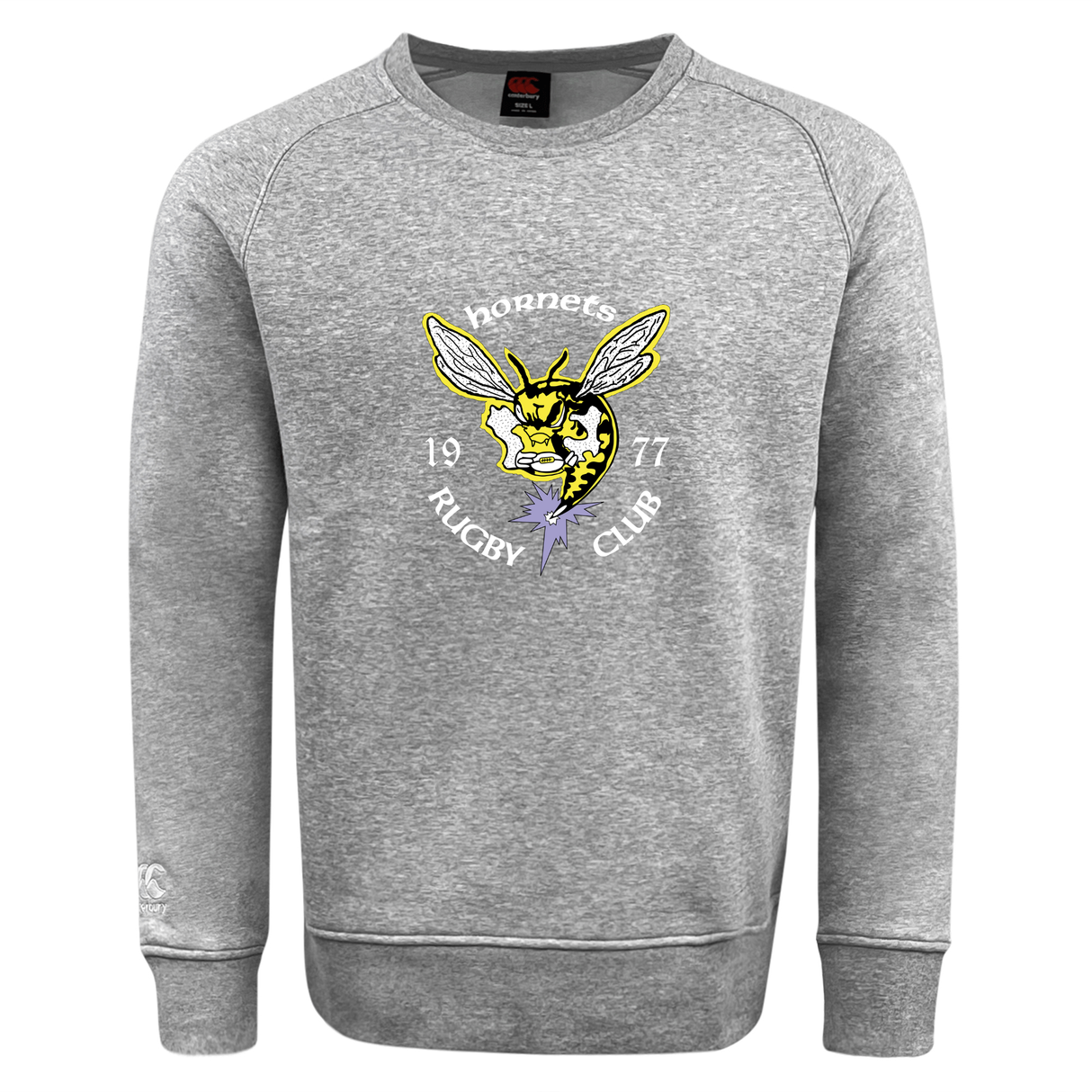 The Hornets Rugby Club 1977 Club Crew Sweatshirt by Canterbury features a hornet graphic and the text "hornets RUGBY CLUB 1977" on the front. This ultra-soft gray sweatshirt, from WRS Canterbury, is finished with an embroidered CCC logo for a classic and comfortable look.