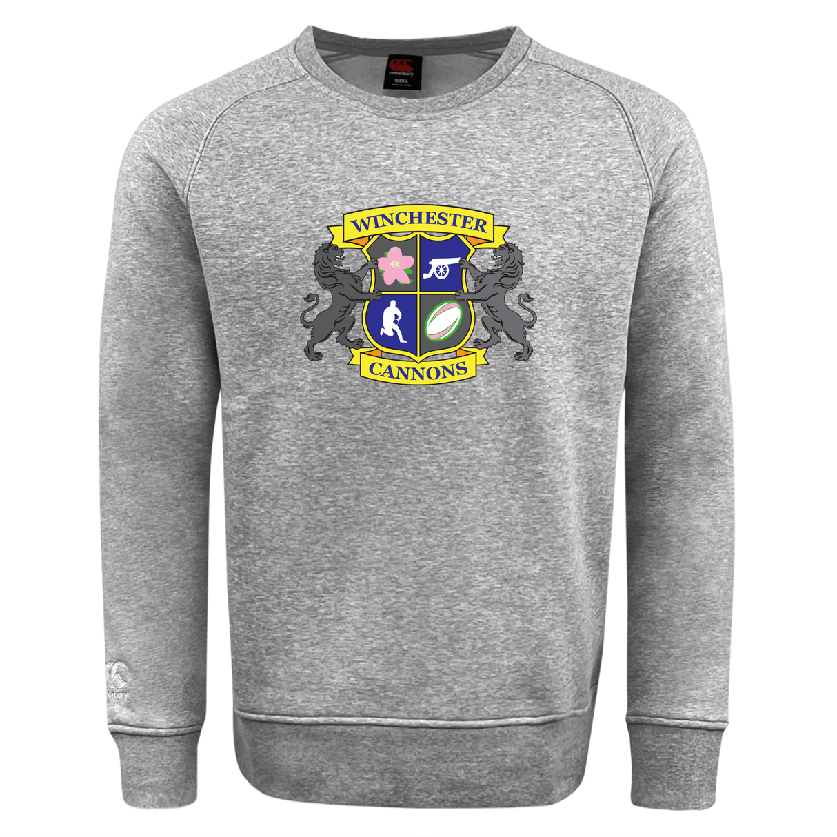 The Winchester Cannons Club Crew Sweatshirt by Canterbury features a colorful crest with symbols and black lions, plus an embroidered CCC logo. This ultra-soft WRS Canterbury sweatshirt offers top comfort and standout style.