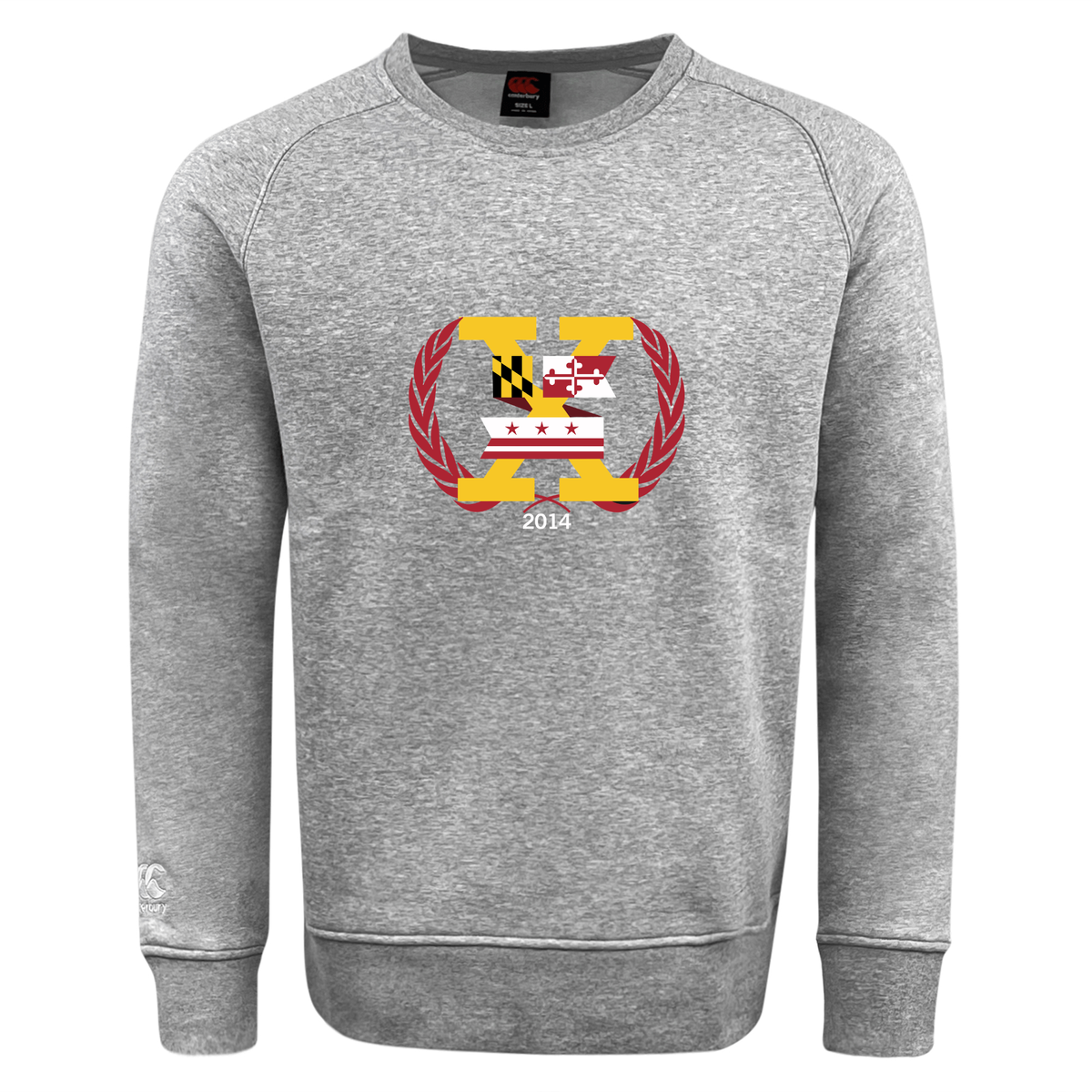 The Potomac Exiles Rugby Club Club Crew Sweatshirt by Canterbury—crafted by WRS Canterbury—features a gray design with a front crest displaying the Maryland and Washington, D.C. flags, a laurel wreath, and "2014." This ultra-soft sweatshirt blends timeless style with cozy comfort for everyday wear.