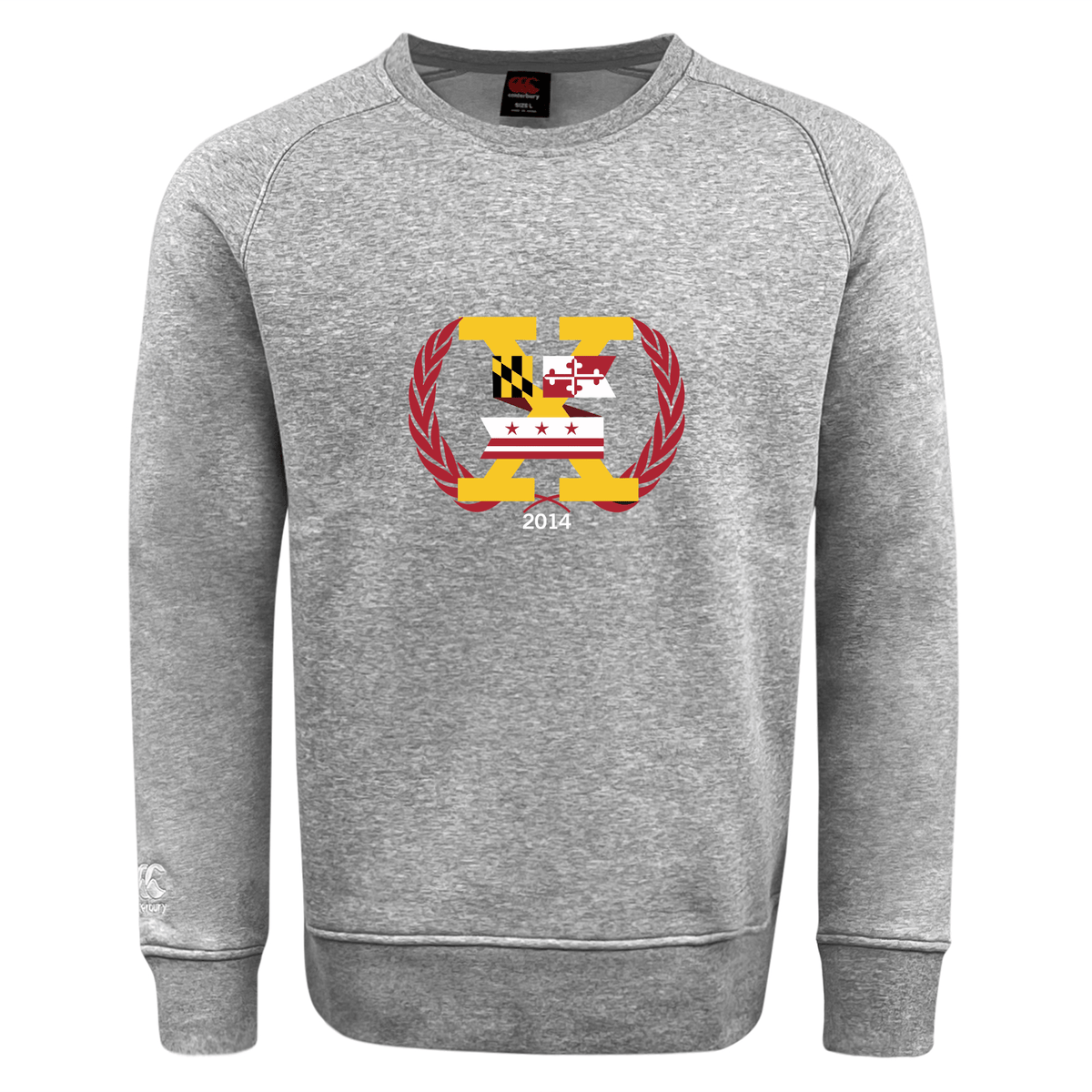 The Potomac Exiles Rugby Club Club Crew Sweatshirt by Canterbury—crafted by WRS Canterbury—features a gray design with a front crest displaying the Maryland and Washington, D.C. flags, a laurel wreath, and "2014." This ultra-soft sweatshirt blends timeless style with cozy comfort for everyday wear.