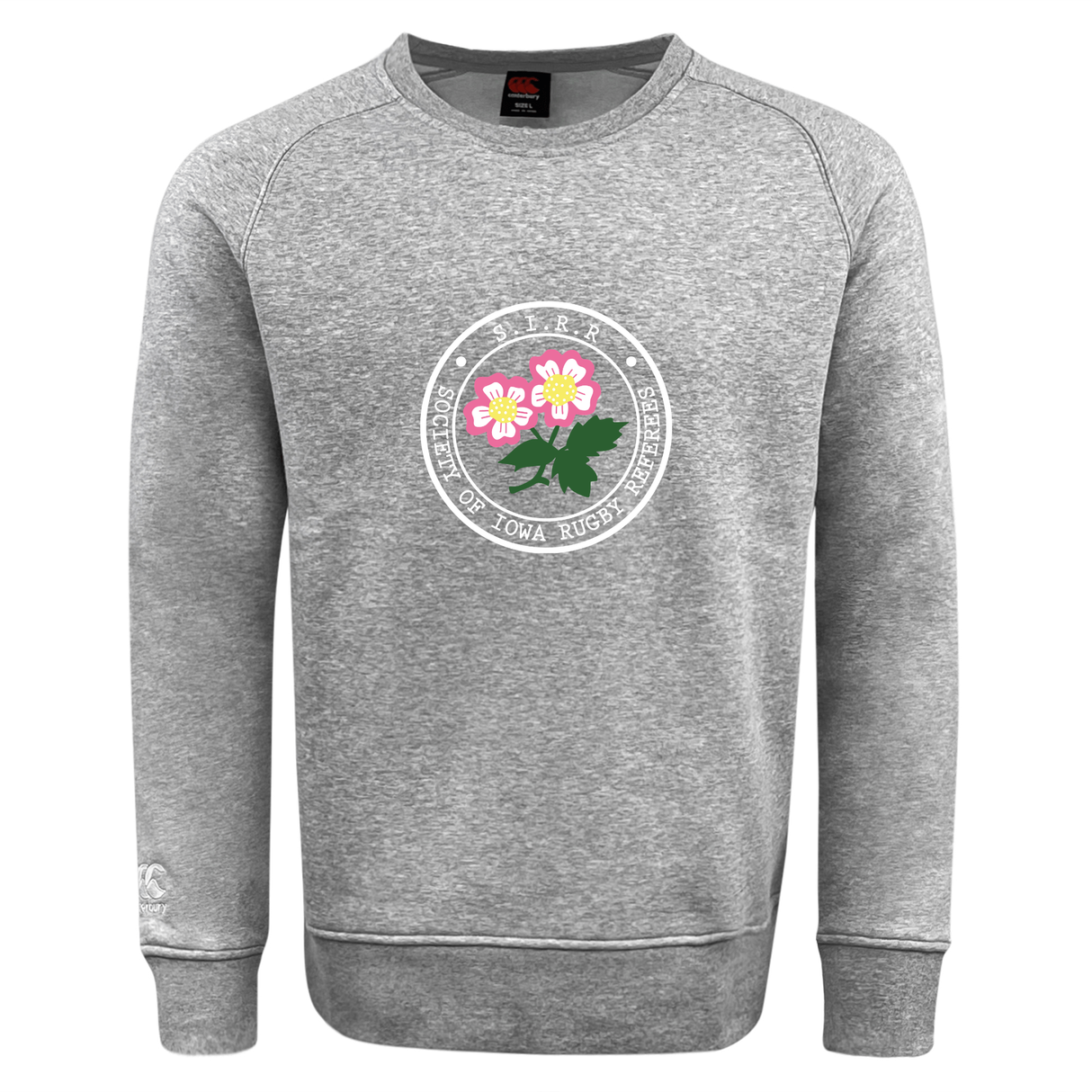 The Society of Iowa Rugby Referees Club Crew Sweatshirt by Canterbury from WRS Canterbury is a gray crew sweatshirt with an ultra-soft feel, featuring a circular emblem adorned with pink flowers and green leaves labeled “Society of Iowa Rugby Referees,” and finished with an embroidered CCC logo for a classic touch.