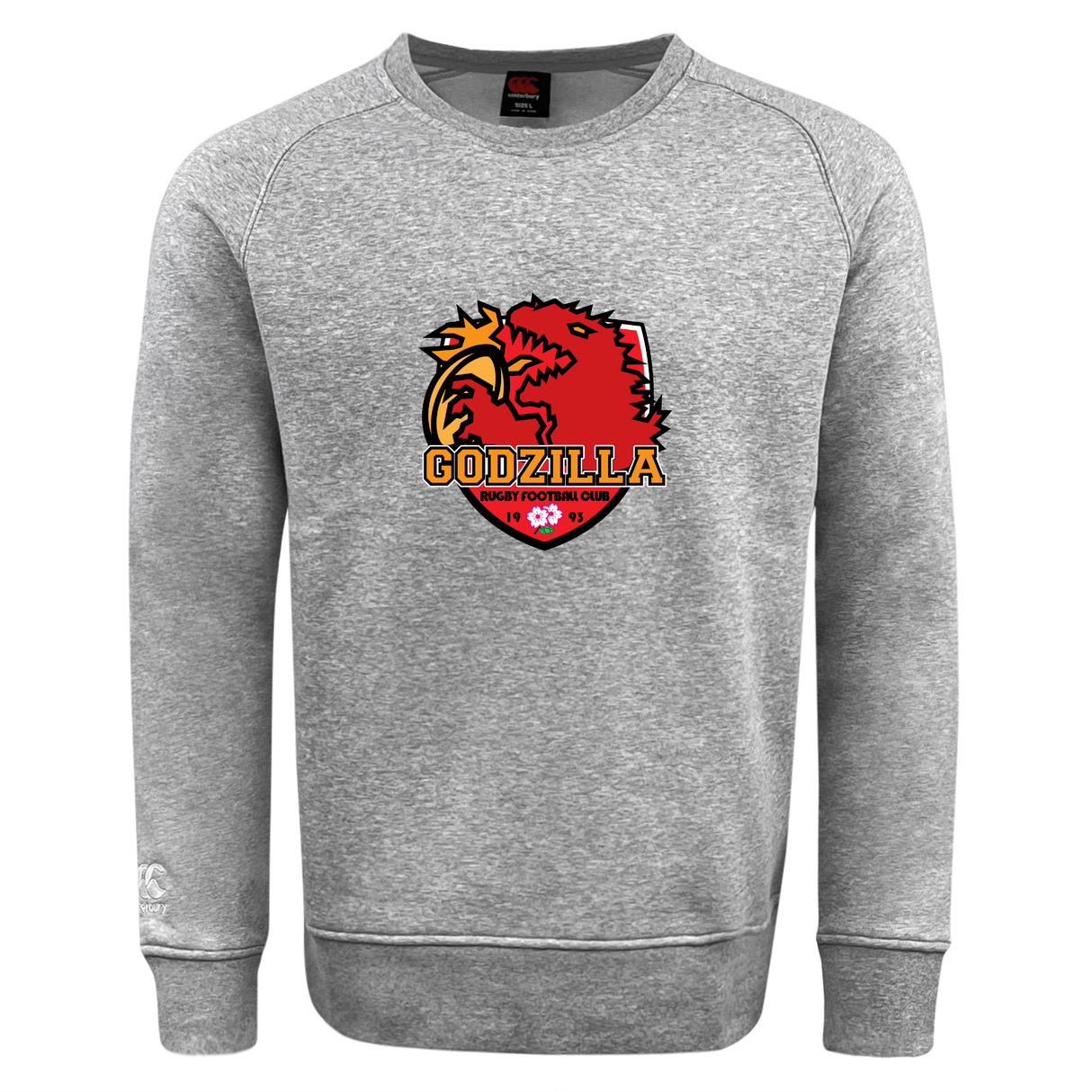 Introducing the Godzilla Rugby Football Club Club Crew Sweatshirt by Canterbury from WRS Canterbury: an ultra-soft gray sweatshirt featuring a stylized red and yellow Godzilla monster logo on the front, finished with an embroidered CCC logo for that signature classic look.