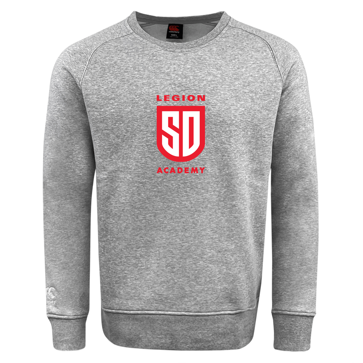 Ultra-soft grey Legion Academy Club Crew Sweatshirt by Canterbury featuring a red “LEGION SD ACADEMY” emblem on the chest.