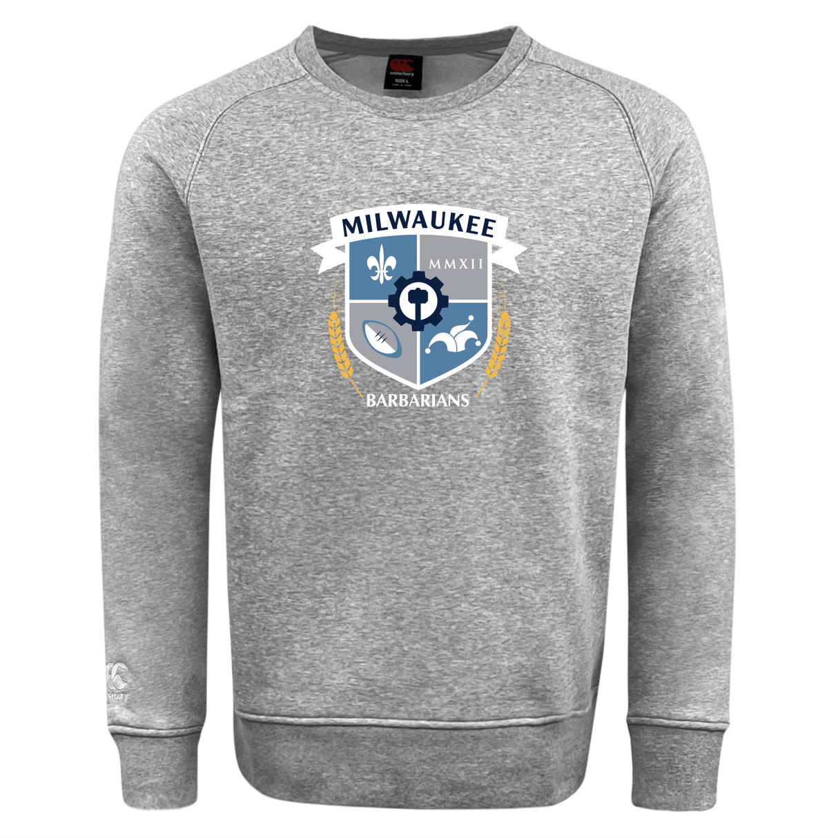 The Milwaukee Barbarians Rugby Club Crew Sweatshirt by Canterbury features a soft gray design, a crest with fleur-de-lis, hammer, rugby ball, ram, blue shield with text, plus an embroidered CCC logo. Brand: WRS Canterbury.