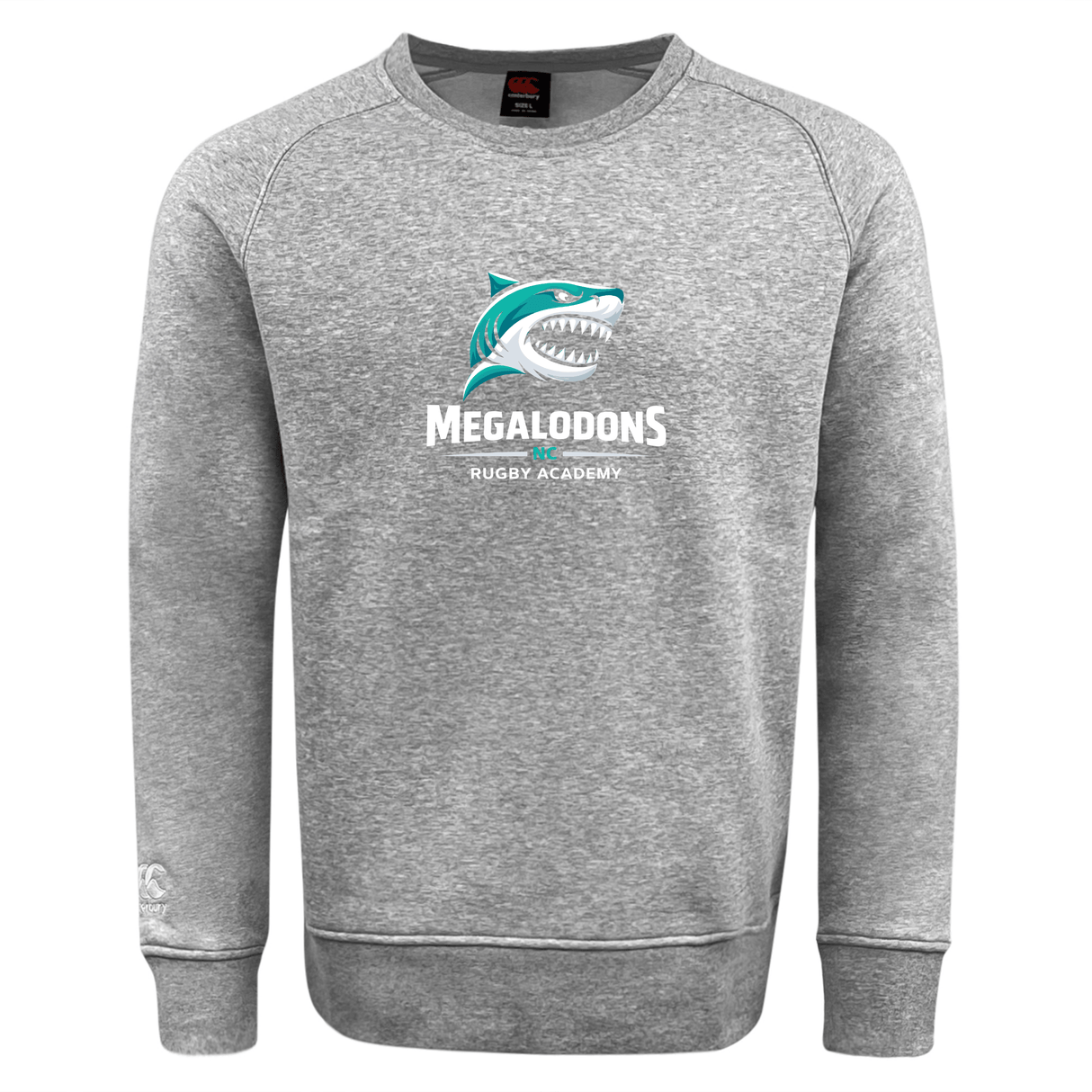 The NC Rugby Academy - Megalodons Club Crew Sweatshirt by WRS Canterbury is a heather gray crew featuring ultra soft fabric, a shark logo and "Megalodons Rugby Academy" print on the front, plus an embroidered CCC logo for classic style.