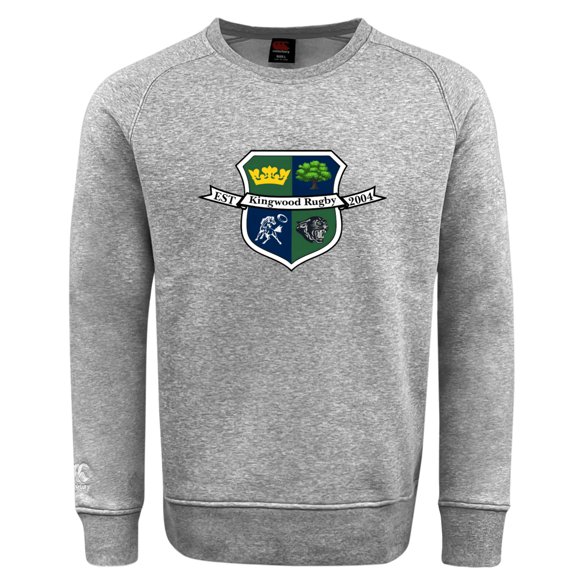 The Kingwood Rugby Club Crew Sweatshirt by WRS Canterbury is an ultra-soft grey sweatshirt featuring a "Kingwood Rugby" crest with crown, tree, player, ball, and "EST 2004", plus an embroidered CCC logo.
