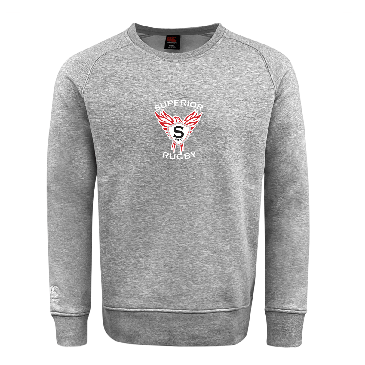 The Superior Rugby Club Crew Sweatshirt by WRS Canterbury features a gray design with "Superior Rugby," a red winged "S" chest emblem, and an embroidered CCC logo. This ultra-soft sweatshirt blends comfort with classic style.