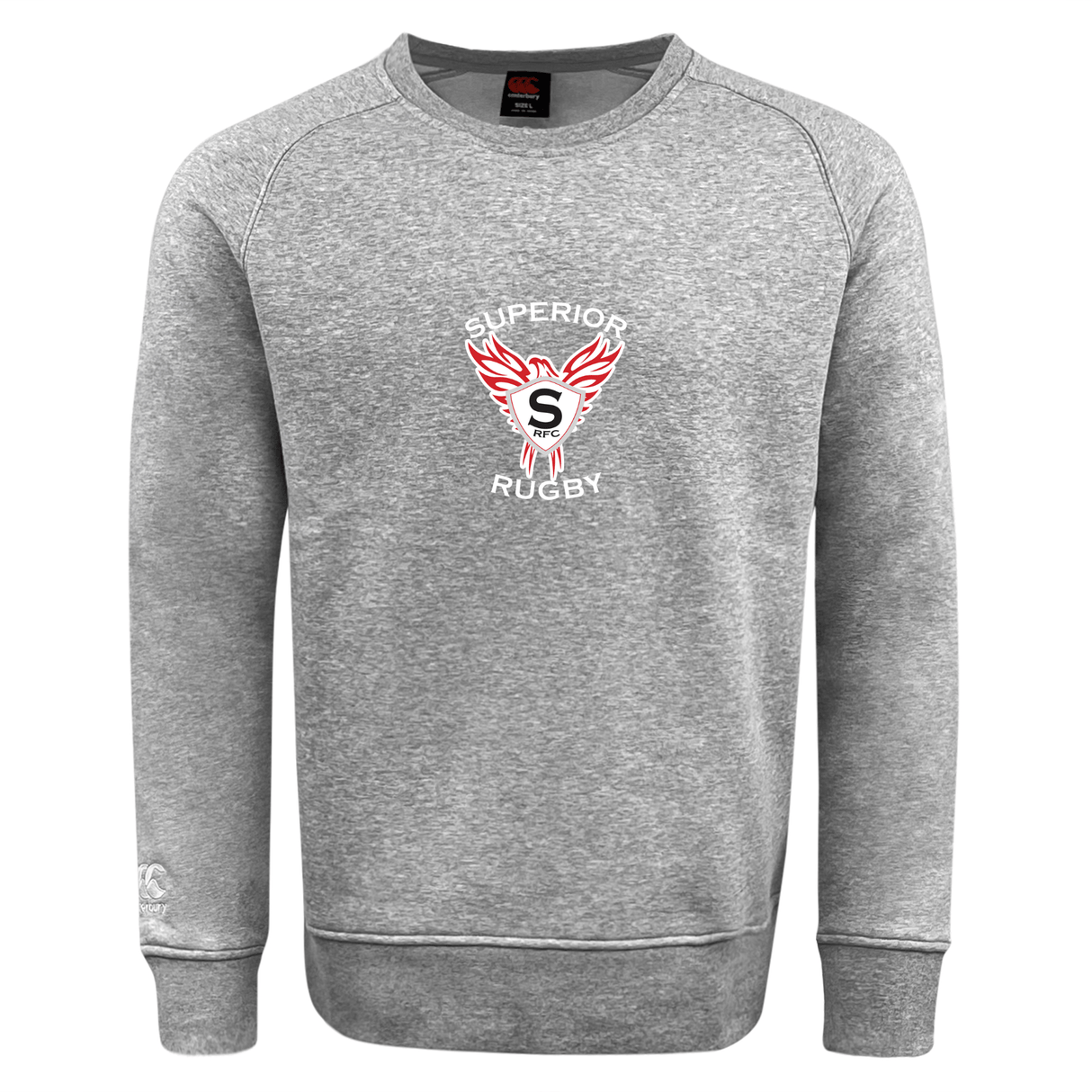 The WRS Canterbury Superior Rugby Club Crew Sweatshirt is an ultra-soft gray crewneck featuring "Superior Rugby" and a winged "S" logo on the chest, inspired by classic Canterbury designs.