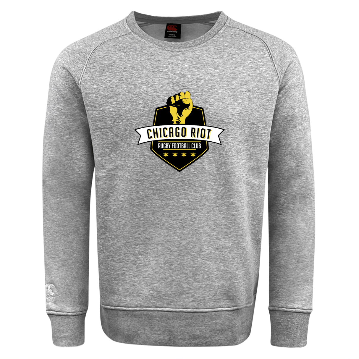 The Chicago Riot Club Crew Sweatshirt by Canterbury, from WRS Canterbury, is ultra soft and gray with an embroidered "Chicago Riot Rugby Football Club" logo featuring a yellow fist and black shield on the front.