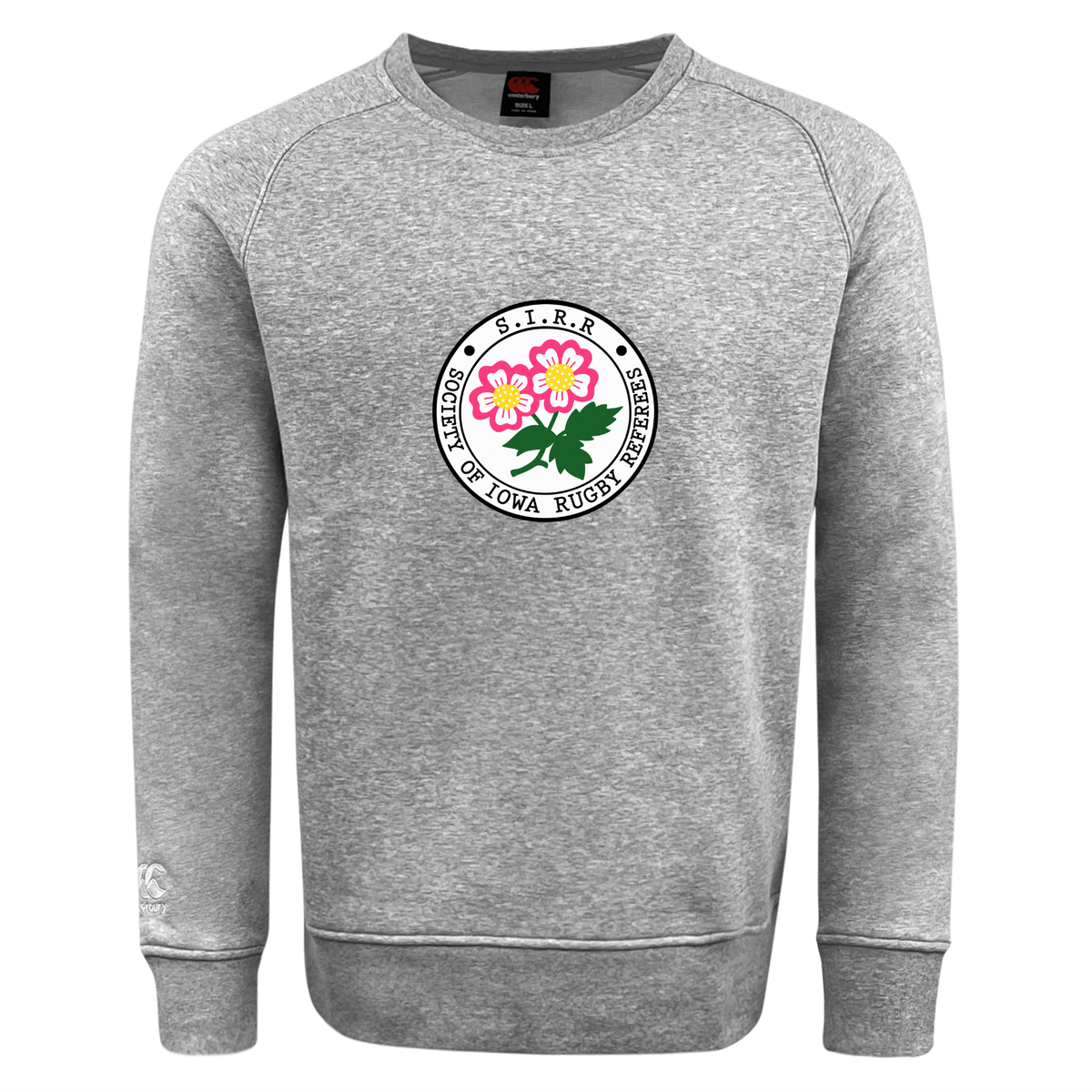 Introducing the Society of Iowa Rugby Referees Club Crew Sweatshirt by Canterbury, a gray ultra-soft sweatshirt from WRS Canterbury. This stylish piece showcases the Society’s logo with two pink flowers and green leaves at its center, and features an embroidered CCC logo. Combining comfort and standout details, it’s the perfect blend of style and team pride.