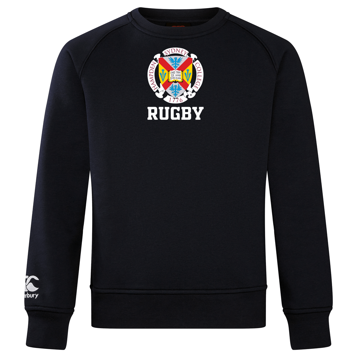 A black Hampden Sydney College Club Crew Sweatshirt by WRS Canterbury with "Rugby" and a colorful embroidered university crest on the front. Ultra soft and featuring a white Canterbury logo on the left sleeve, this sweatshirt provides both comfort and style.