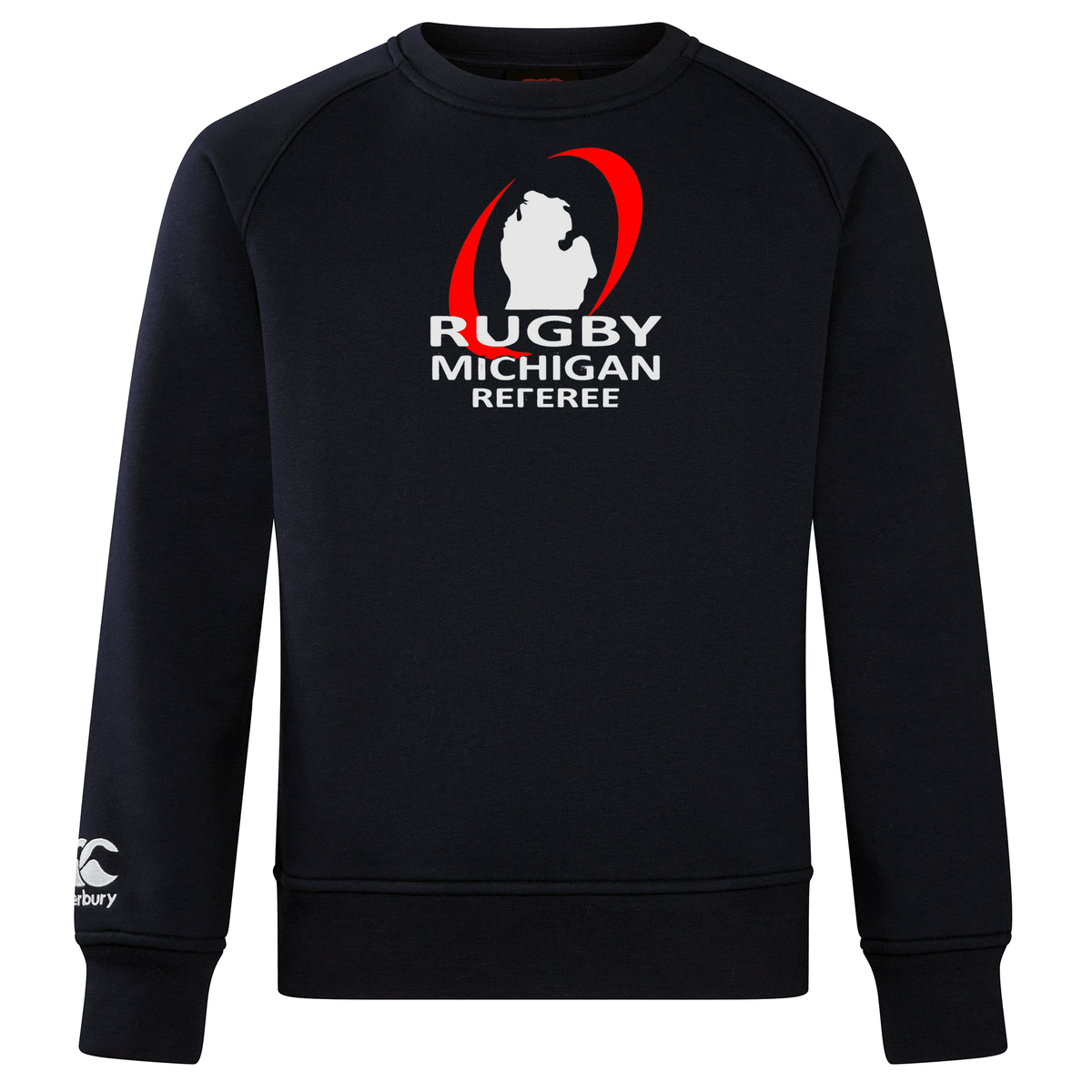 The Rugby Michigan Referee Society Club Crew Sweatshirt by Canterbury, from the WRS Canterbury brand, features a silhouette design and "Rugby Michigan Referee" text on the front. Made from ultra-soft fabric for maximum comfort, it has an embroidered white CCC logo on the left sleeve.