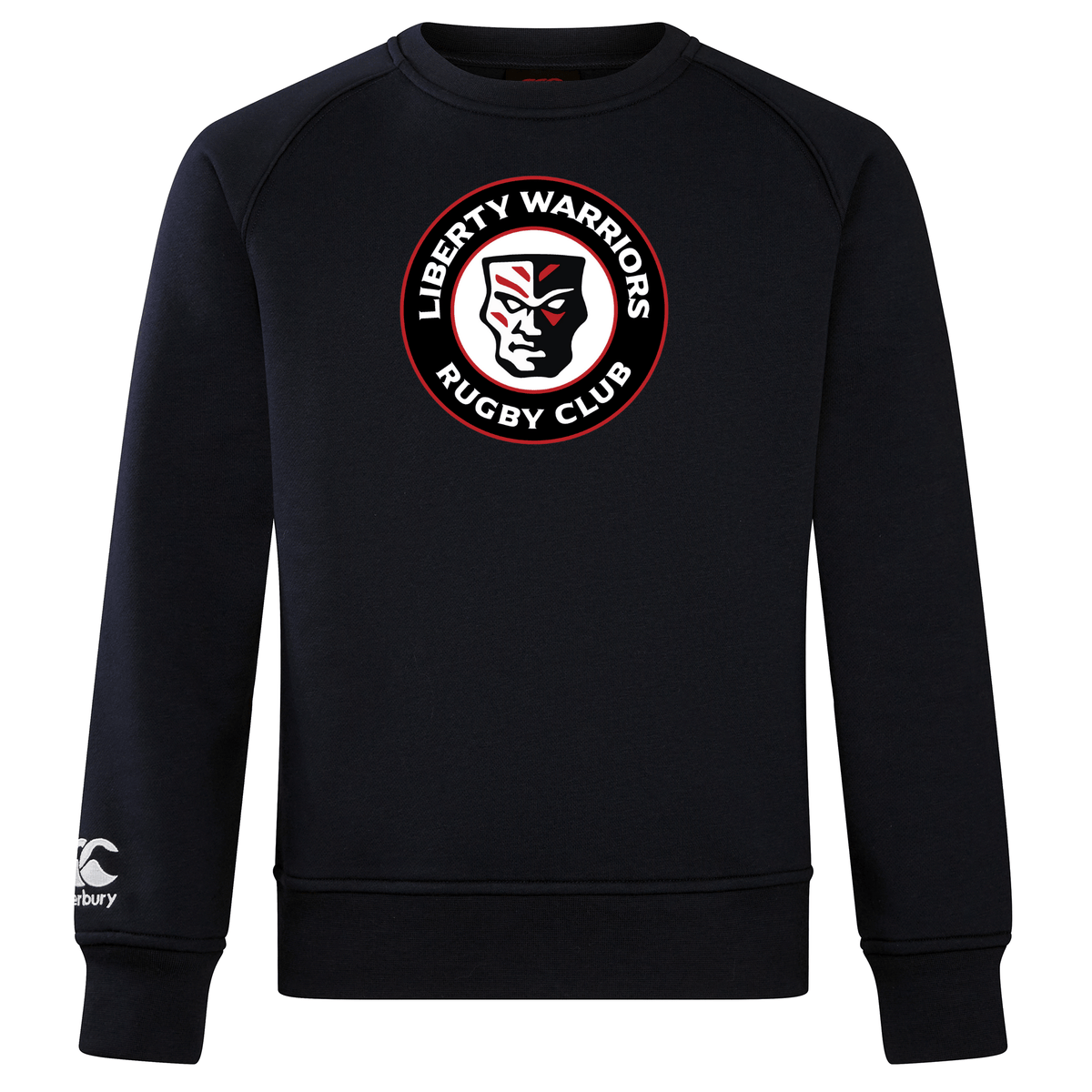 Introducing the Liberty Lake Warriors Club Crew Sweatshirt by WRS Canterbury, an ultra-soft navy blue piece showcasing both the "Liberty Warriors Rugby Club" logo and an embroidered CCC emblem. Flaunt your team pride with its unique warrior face design, seamlessly blending comfort and style in one ideal sweatshirt.