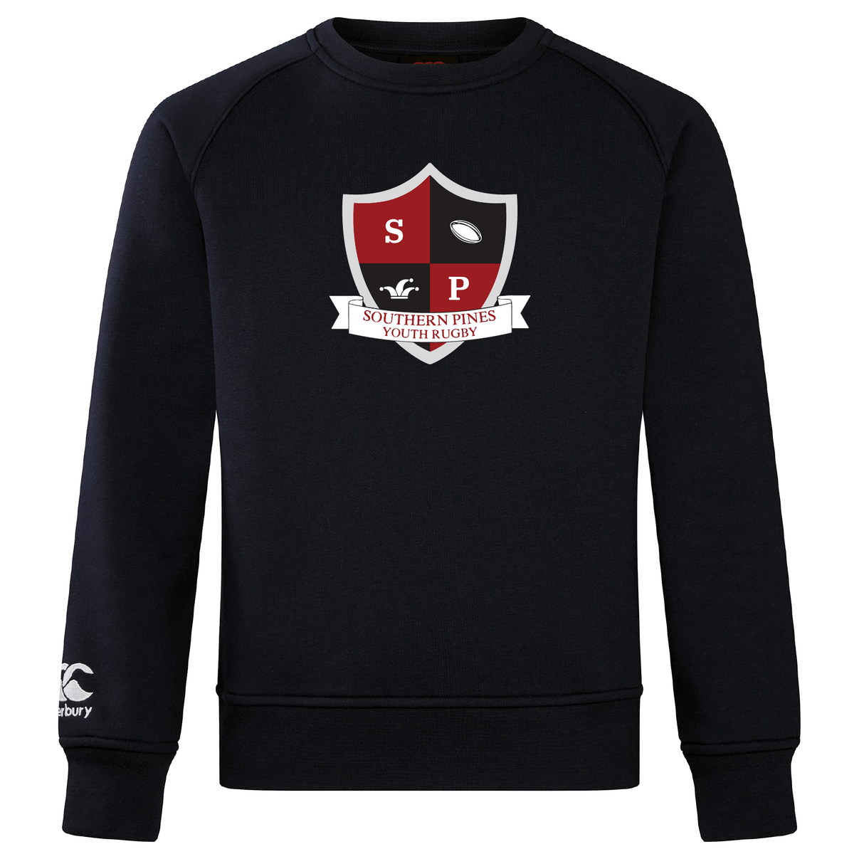 The navy Southern Pines Youth Rugby Club Crew Sweatshirt by WRS Canterbury features an "SP" crest with a rugby ball, "Southern Pines Youth Rugby," an embroidered CCC logo, and a white sleeve logo.